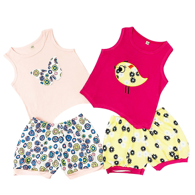 Combo 2 Bộ Ba Lỗ Bé Gái Màu Đắp Thêu Họa Tiết Nanio F0694