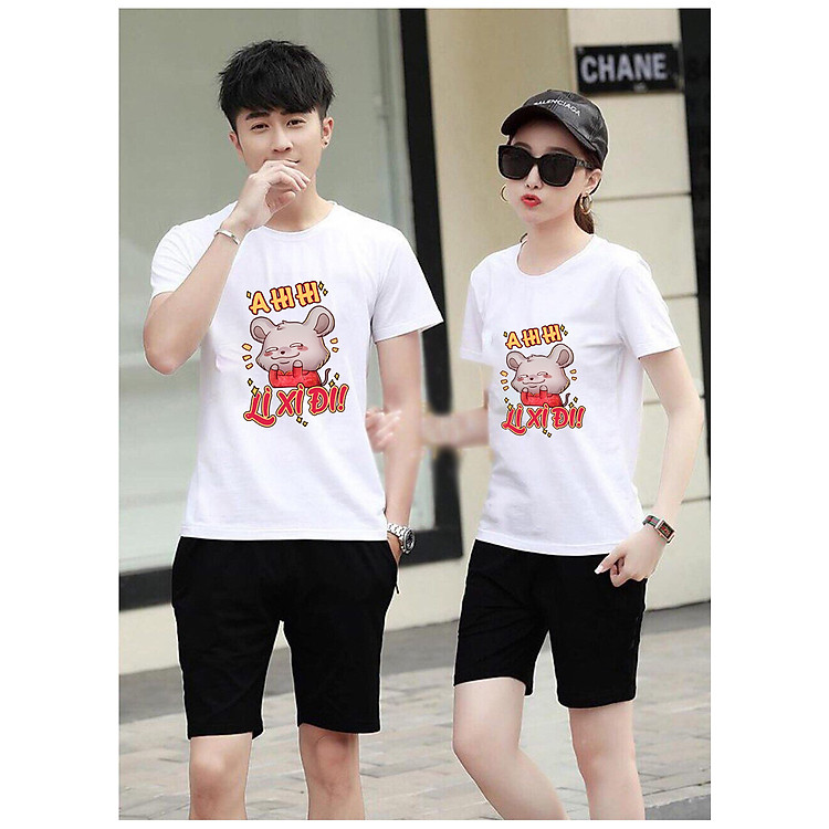 Set 2 Bộ Đồ Đôi Đi chơi Tết Quần đen Áo Trắng in Họa Tiết xinh xắn thời trang- Giá combo 2 bộ