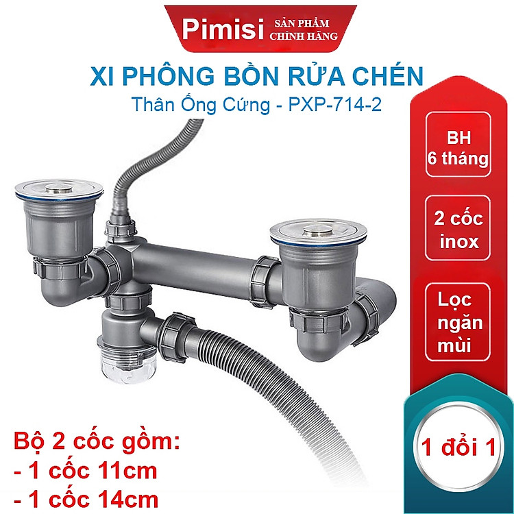 Bộ Xi Phông Chậu Rửa Bát 2 Hố Phi 11,14 Inox 304 Pimisi PXP-714-2 Xả Nước Chậu Rửa Chén 2 Hộc-1 Thoát Tràn | Chính Hãng
