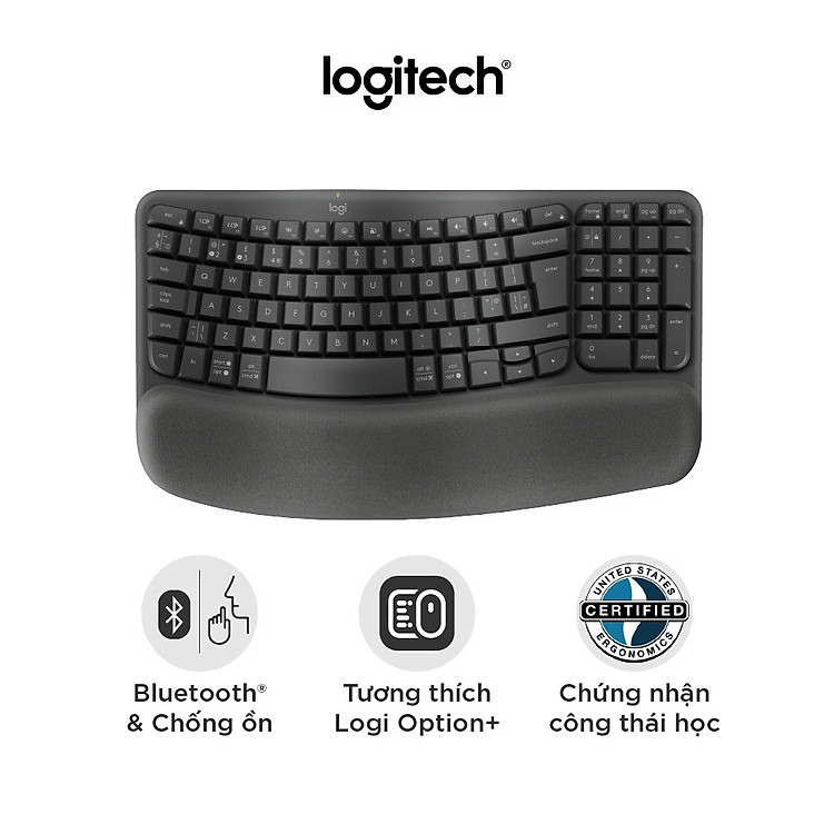 Bàn phím không dây công thái học Logitech Wave Keys - Kết nối Bluetooth, Gác tay, Windows, MacOs - Hàng Chính Hãng