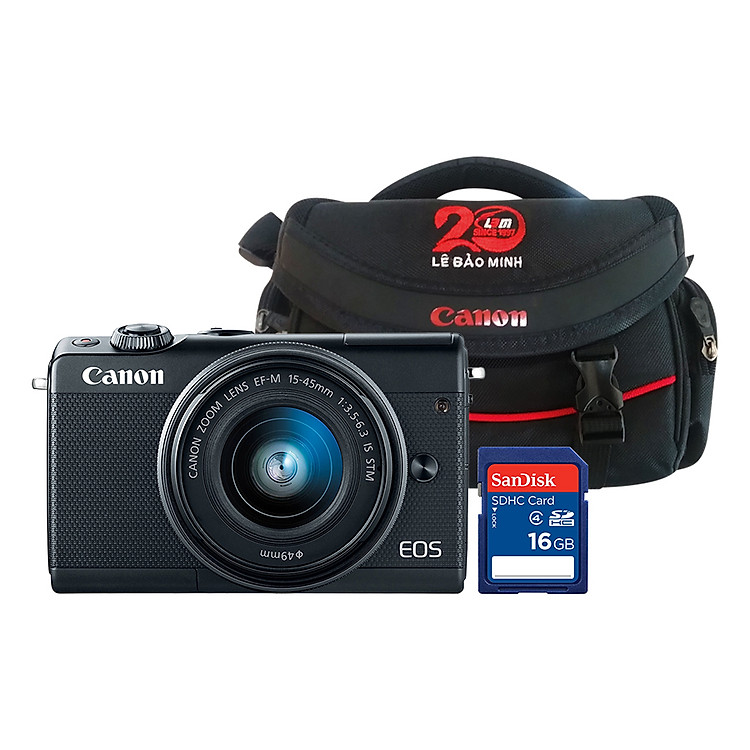 Combo: Máy ảnh Canon EOS M100 Kit 15-45mm (Đen) + Thẻ nhờ + Túi đựng máy ảnh - Hàng Chính Hãng