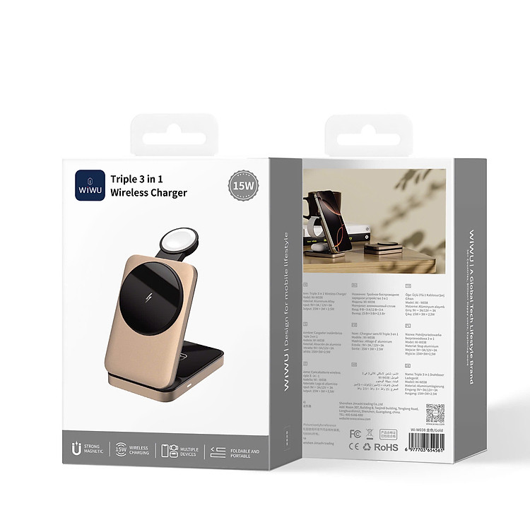 Dock Sạc Không Dây Từ Tính 3 in 1 – Wi WU Wi-W038 Sạc cùng lúc 3 i Phone + A pple Watch + Air Pods chỉ với 1 thiết bị duy nhất - hàng nhập khẩu