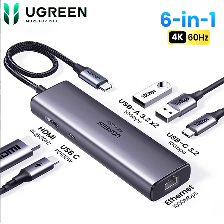 Cáp chuyển USB-C sang HDMI + 2 x USB 3.0 + USB-C 3.2 + RJ45 + PD100W Ugreen 45000 - Hàng chính hãng