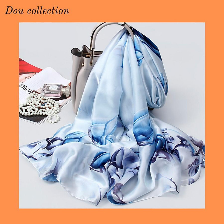 Khăn Choàng Quàng Cổ Lụa Màu Xanh Dương - Chất Liệu Silk - Size:90x190cm - Mã KS003