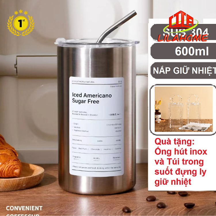 Ly Giữ Nhiệt Inox 304 600ml Độ Bền Cao Tặng Kèm Ống Hút Inox Và Túi Đựng Ly Trong Suốt - Chính Hãng