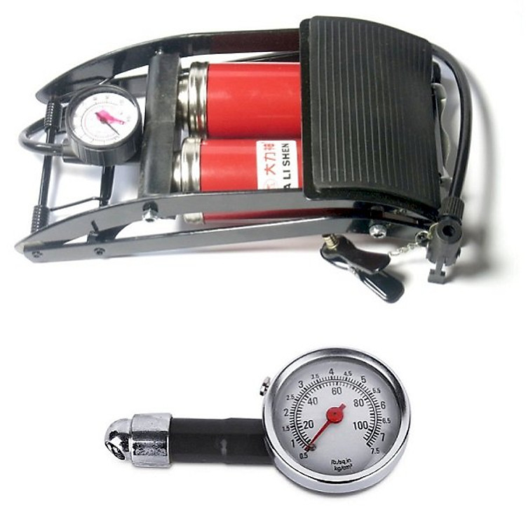Combo Bơm hơi đạp chân 2 Pitton kèm Đồng hồ điện tử đo áp suất lốp xe chuyên dụng cho ô tô xe máy