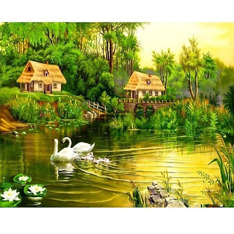 Tranh sơn dầu số hoá tự vẽ có khung đã căn 40x50 cm - Quê hương