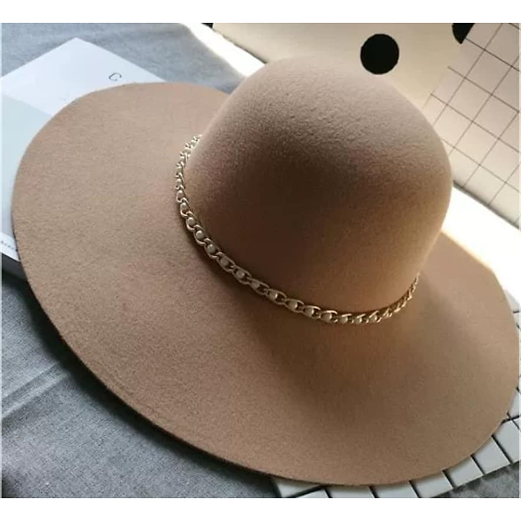 Nón mũ nỉ rộng vành fedora nữ đai kim loại kết hạt sang trọng Hàng nhập Chất liệu nỉ dona23280501