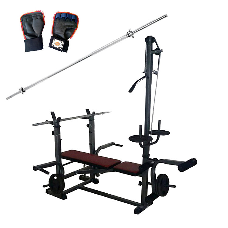 Combo Giàn tạ đa năng kéo xô DNS665 + Đòn tạ 1.5m + Găng tay tập tạ (Chưa có bánh tạ)