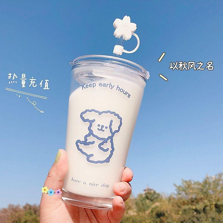 Ly thuỷ tinh cốc thủy tinh uống trà, cà phê, sinh tố cao cấp họa tiết thỏ - Có ống hút và nắp đi kèm