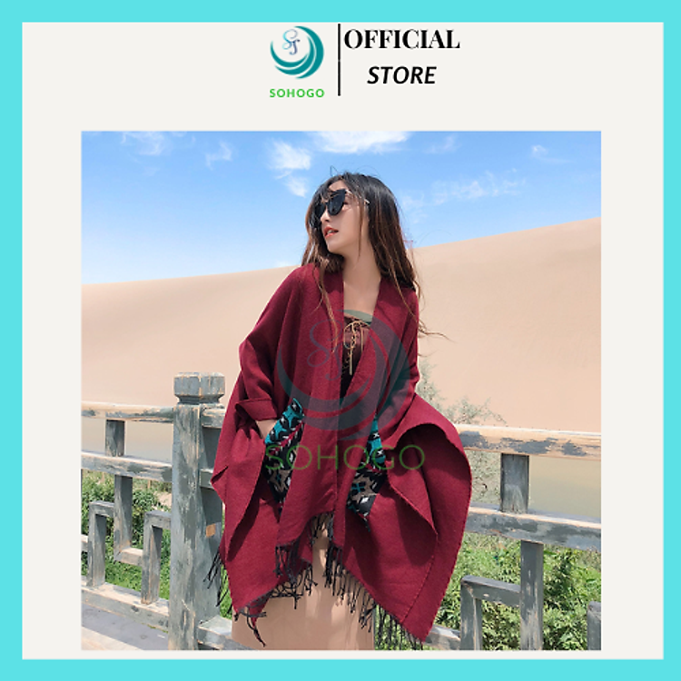 Khăn áo choàng boho thổ cẩm nữ mùa thu đông kiểu khoác ngoài chất dày ấm 150*130cm