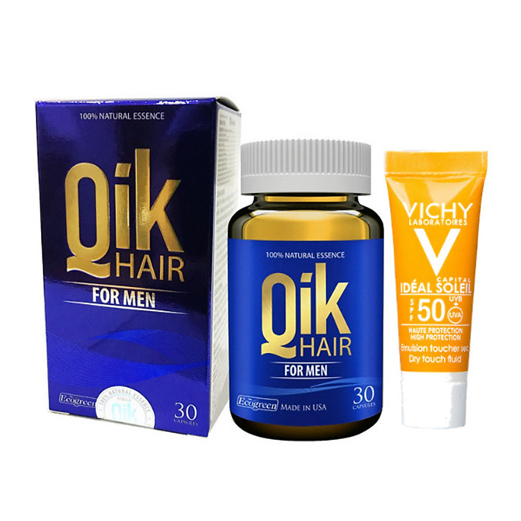 Thực phẩm chức năng Qik Hair For Men, 30 viên - Tặng kèm kem chống nắng Vichy Ideal Soleil (3ml) không trôi không nhờn rít, SPF 50 PA+++