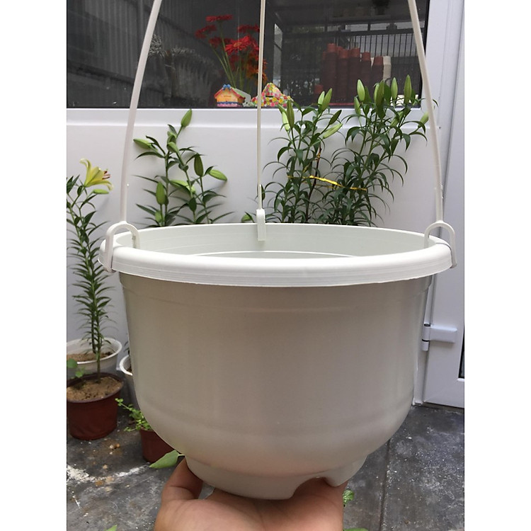 10 chậu nhựa treo tròn dây móc kẹp 21x14cm màu trắng