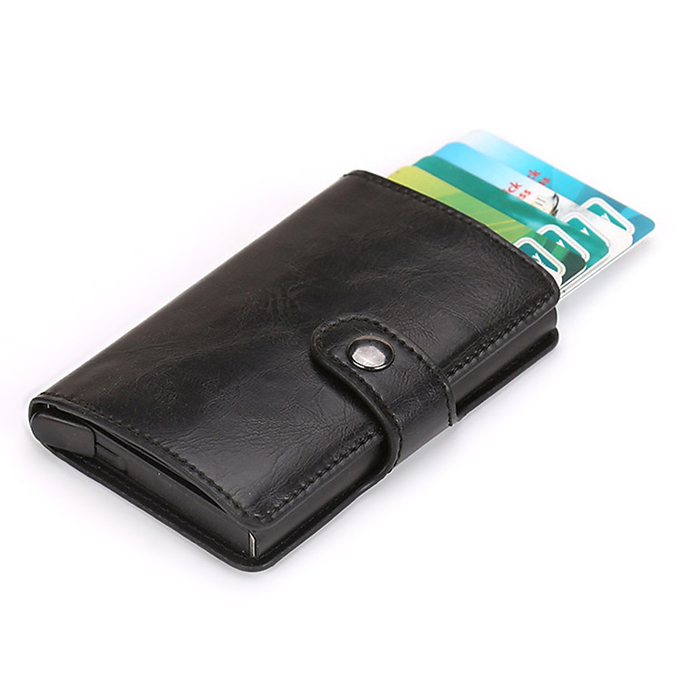 HYX Retro Leather Card Holder Metal RFID Blocking Pop-up Credit Card Case Wallet