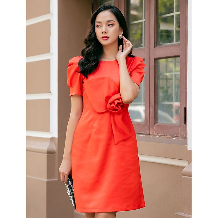 Đầm suông tay phồng đính hoa eo màu cam nổi bật đi làm | đi tiệc đều sang