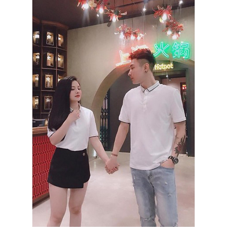 Áo đôi cổ trụ trắng viền đen