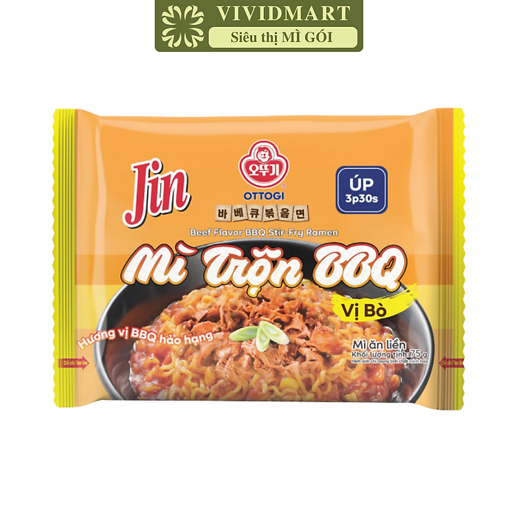 OTTOGI - Mì úp Jin hương vị trộn BBQ bò, Mì trộn BBQ bò Jin, Mì trộn BBQ Ottogi Jin hương vị bò (75g/gói)