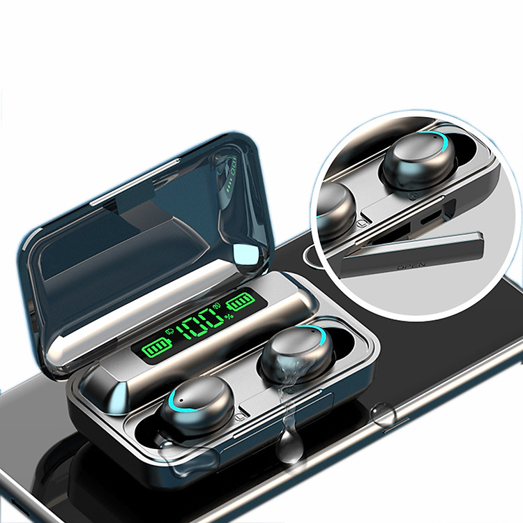 Tai nghe Blutooth 5.0 kiêm dock sạc dự phòng- Màn hình Led thể hiện mức pin cho dock và tai nghe-Nhỏ gọn,thời trang