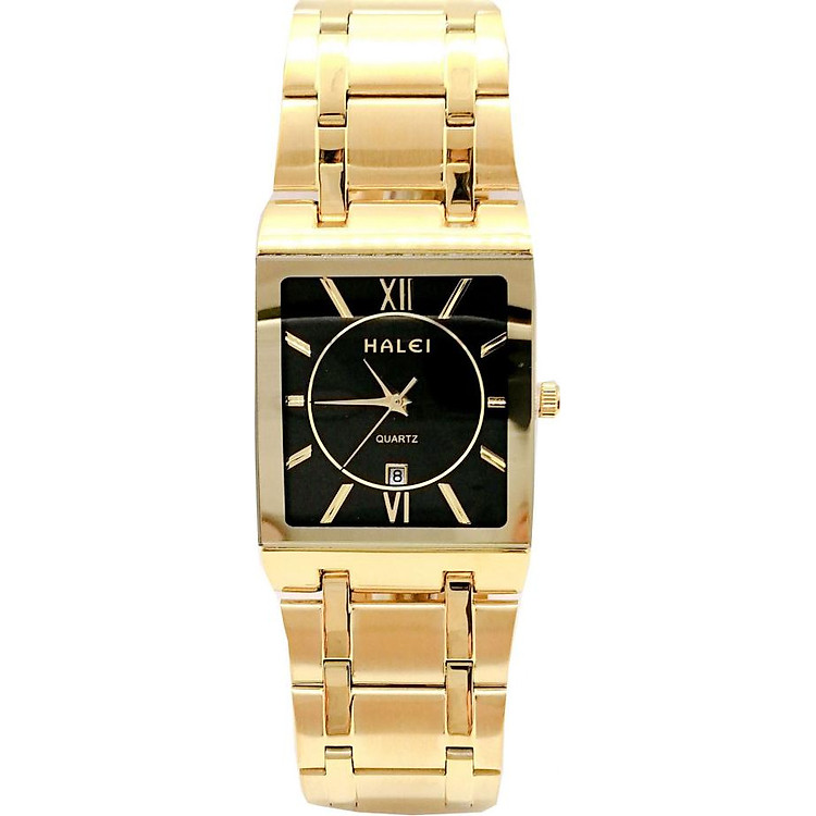 Đồng Hồ Nam Halei HL564 Dây vàng mặt vuông (Tặng pin Nhật sẵn trong đồng hồ + Móc Khóa gỗ Đồng hồ 888 y hình)