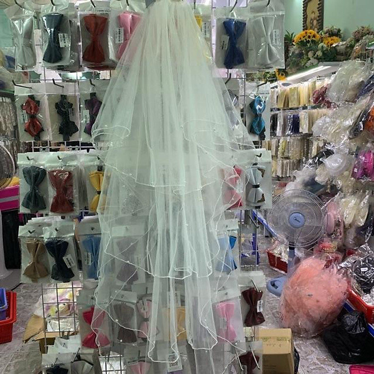 Voan đội đầu cô dâu dài 1,2m 4 lớp voan chấm hạt nhẹ