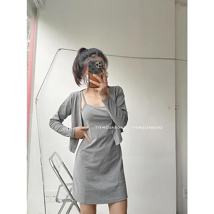 Set áo cardigan kèm váy 2 dây