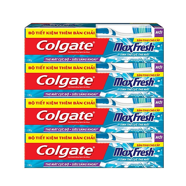 Bộ 4 Kem đánh răng Colgate bạc hà the mát Maxfresh 230g/tuýp tặng bàn chải đánh răng lông mềm