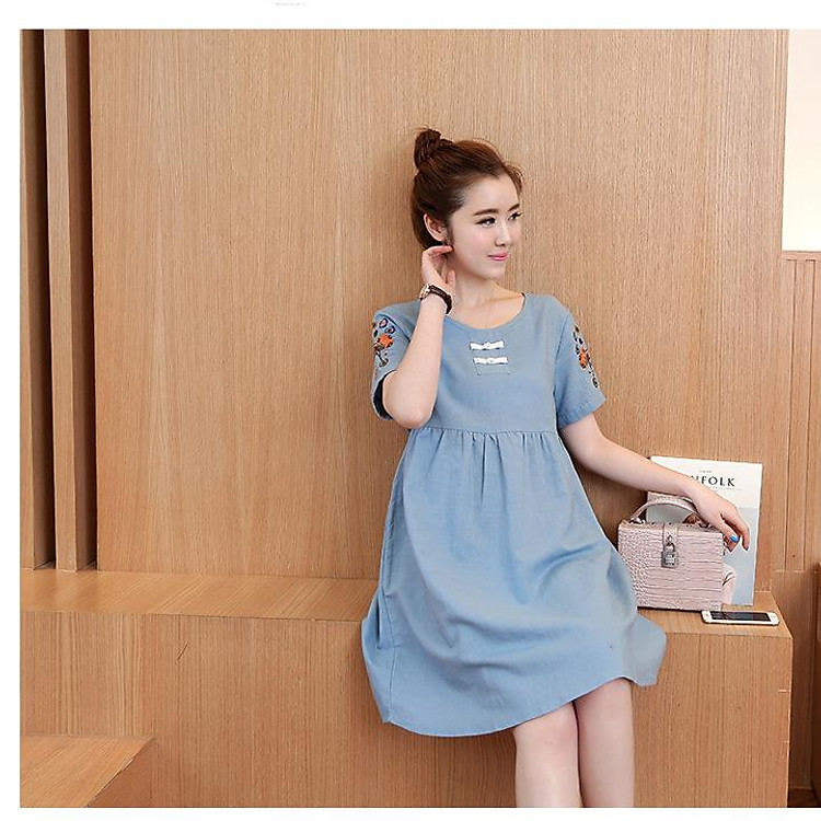 Đầm bầu thêu tay màu xanh, cam đất DN02