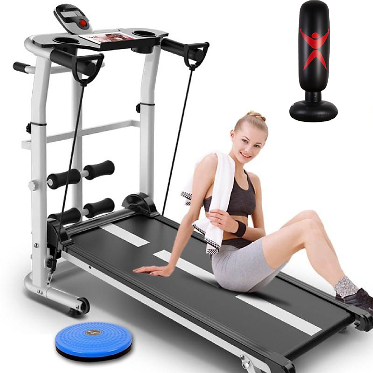 Máy tập chạy bộ đi bộ cơ không cần điện đa năng tặng kèm 04 món - Trụ đấm bốc hơi + giá đỡ tập cơ bụng + bàn xoay eo + dây kéo co giãn tập cơ tay