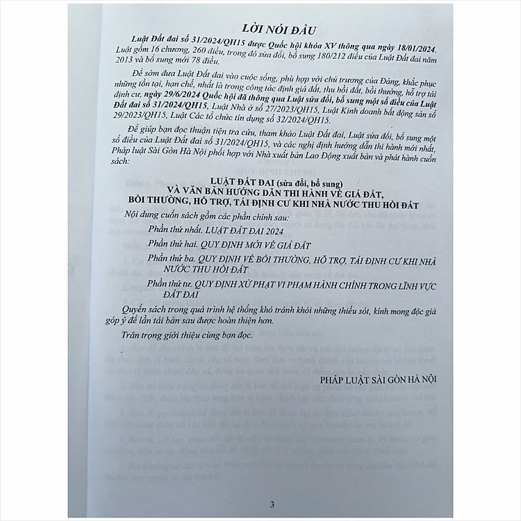 Luật Đất Đai (sửa đổi, bổ sung 2024) – Và Các Văn Bản Hướng Dẫn Thi Hành Về Giá Đất, Bồi Thường, Hỗ Trợ, Tái Định Cư Khi Nhà Nước Thu Hồi Đất (V2427D) - Ảnh 3