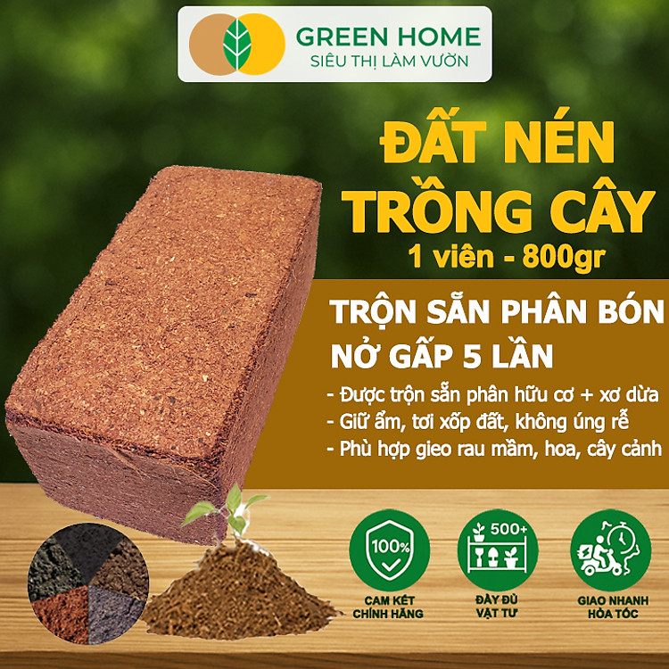 Đất Trồng Cây GreenHome, Viên Nén 800gr, Trộn Sẵn Phân Bón, Nở Gấp 5 Lần, Trồng Rau Hoa Cây Kiểng