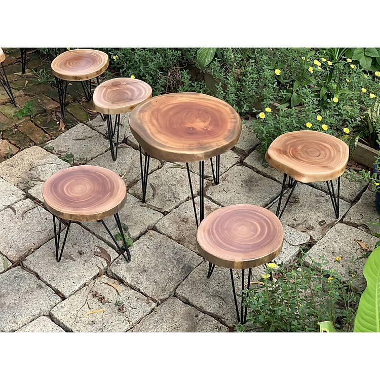 BỘ BÀN TRÒN GỖ XÀ CỪ NGUYÊN TẤM, CHÂN SẮT CHỮ V, SET 1 BÀN 4 GHẾ