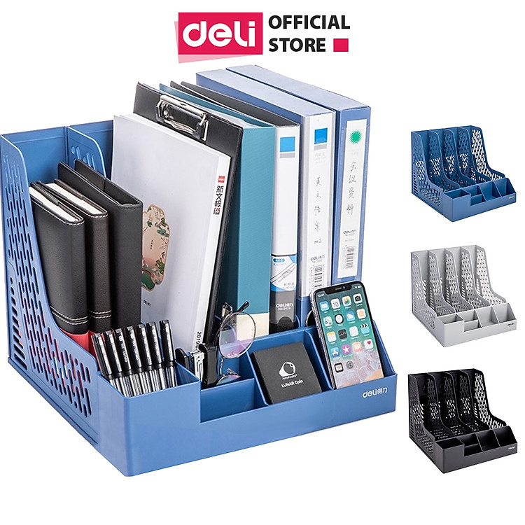 Set giá tài liệu 4 ngăn kèm hộp bút Deli (Xanh dương)