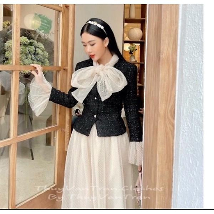 SÉT ÁO DẠ NƠ CỔ TIÊU THƯ TAY LOE CHÂN VÁY REN LƯỚI HOT HIT