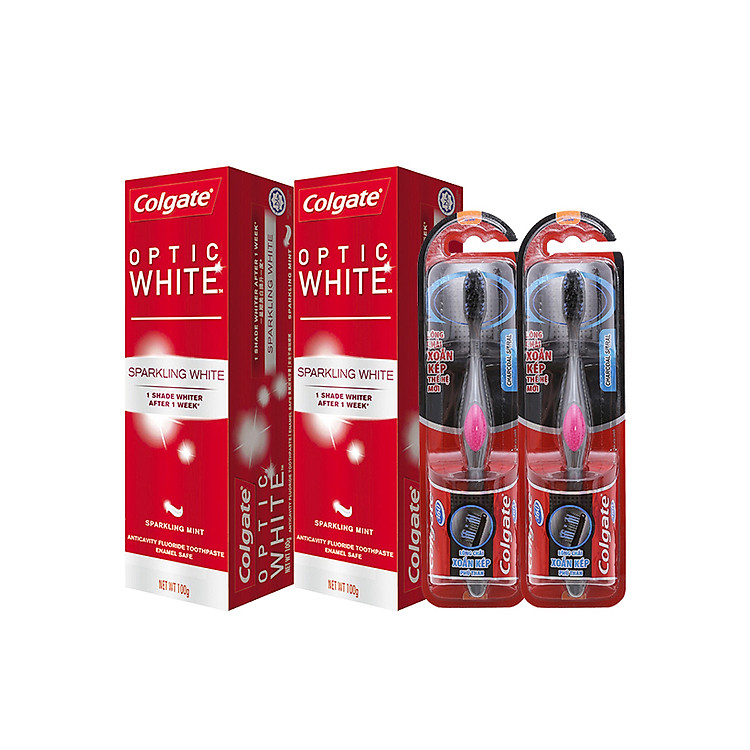 Combo 2 Kem Đánh Răng Colgate Optic White 100g làm trắng răng và 2 Bàn Chải Đánh Răng Colgate 360 Charcoal Spiral & lông chải xoắn kép thế hệ mới sạch toàn diện