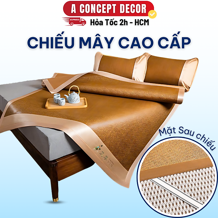 Chiếu điều hòa sợi mây 3D có lớp lót lụa/ cao su A 1m4x2m/ 1m6x2m/ 1m8x2m