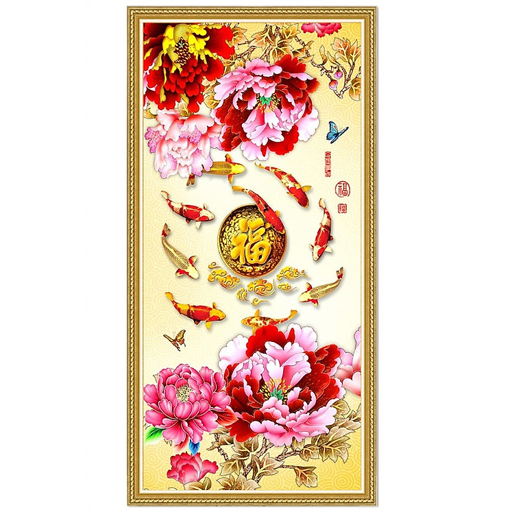 Tranh dán tường cửu ngư quần hội bên hoa mẫu đơn chữ Phúc LV-0234