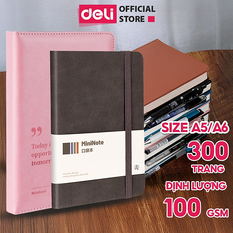 Sổ Tay Bìa Da Kẻ Ngang Deli A7 (300 trang) - Ảnh 2