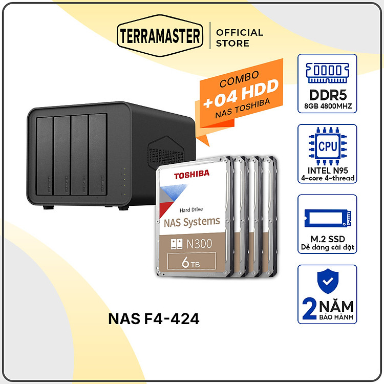 Combo Bộ Ổ cứng mạng NAS TerraMaster F4-424 kèm 1 ổ cứng NAS N300 3.5inch 24/7 Hàng chính hãng