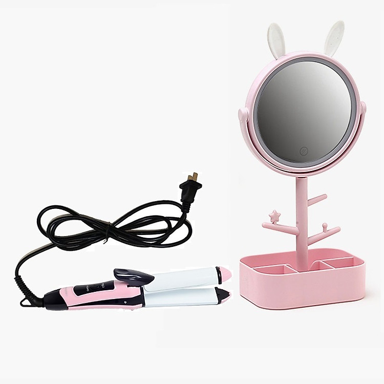 Máy uốn duỗi 2 trong 1 phong cách Hàn Quốc và Gương trang điểm đèn LED tích hợp khay đựng dụng cụ trang điểm EM076