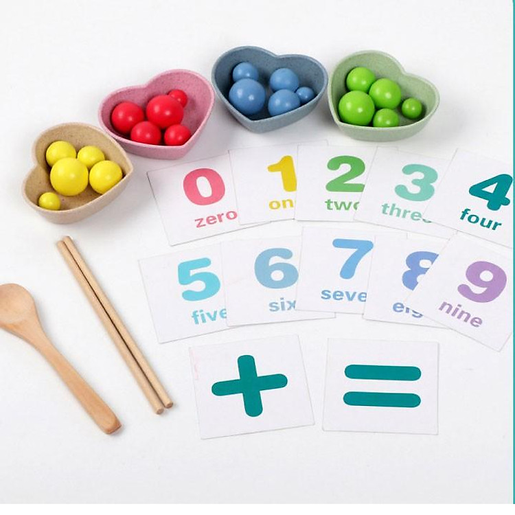 Bộ thực hành đũa gắp hạt học đếm kèm thẻ cho trẻ mầm non