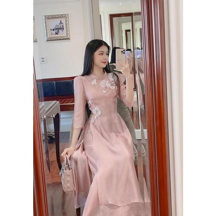 Áo dài cách tân tơ 4 tà đính kết hoa nổi-Áo dài may sẵn Nhã Phương Bridal