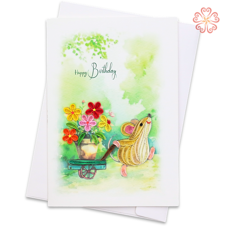 Thiệp Giấy Xoắn Nghệ Thuật - Thiệp Chúc Mừng Sinh Nhật Chuột Keo Xe Hoa - Happy Birthday Mouse With Flower Cart Card - Happy Birthday - Việt Net - VN2NN111050E1 - 11.5 x 16.5
