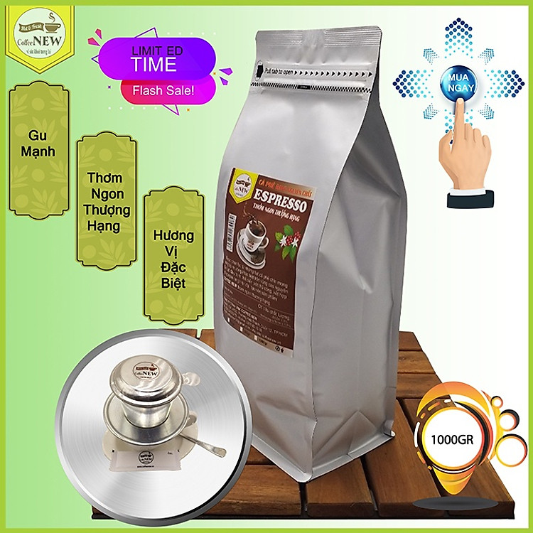 Cà Phê ESPRESSO - Rang Mộc Nguyên Chất (Gói 1000g) - Tặng Phin Nhôm - Pha Máy Hoặc Pha Phin - Hương Nồng Nàn, Hậu Đậm, Vị Đắng Nhẹ - Coffee New
