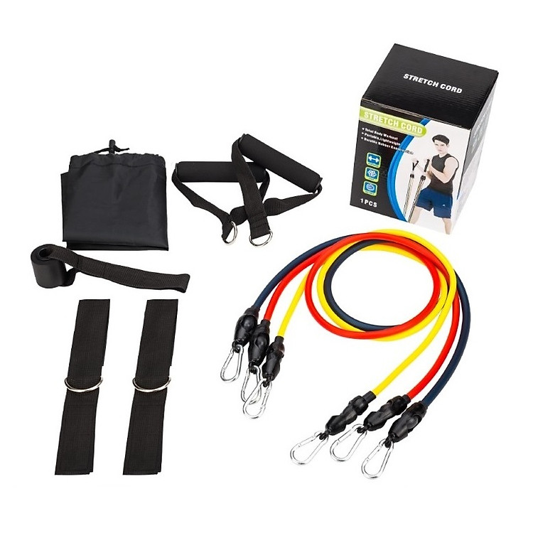 Dây đàn hồi tập Gym Yoga 9 in 1, bộ dây tập thể lực 3 màu dây 9 chi tiết LJ08 cao cấp - POKI