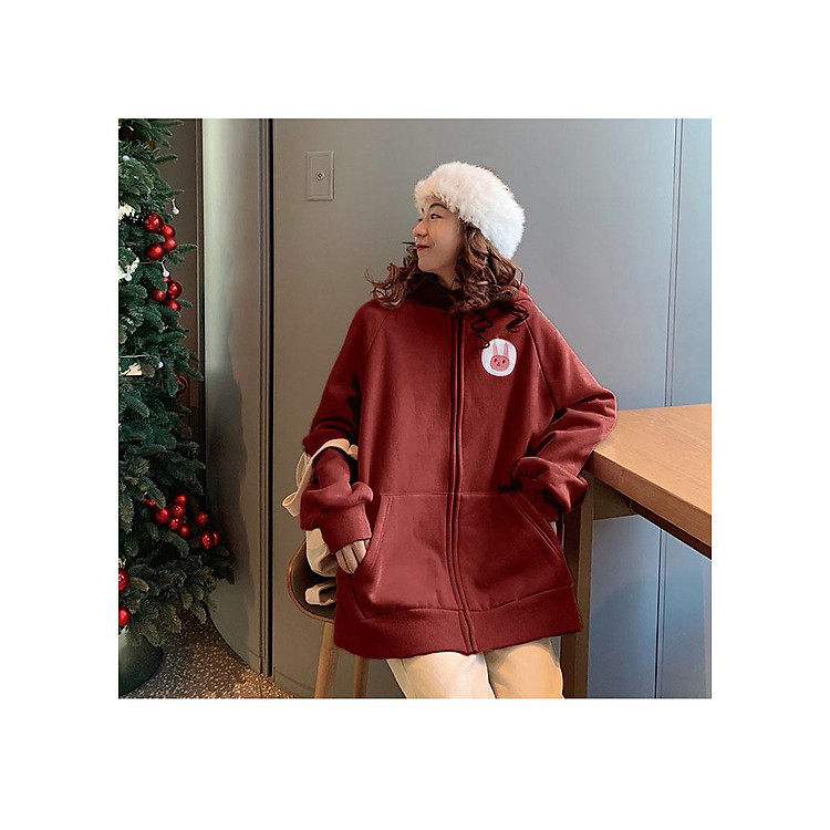 Áo Khoác Hoodie nữ, áo khoác nữ form rộng, áo khoác nữ có dây kéo - Áo Khoác Nỉ Thu Đông In Logo Thỏ Ngực LV16