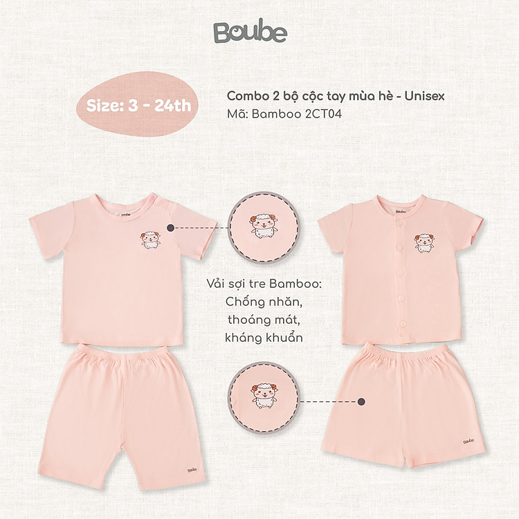 Combo 2 bộ cộc tay mát mẻ cho bé sơ sinh và trẻ nhỏ Boube, Vải sợi tre cao cấp Bamboo thông minh, thoải mái - Size 3-24M