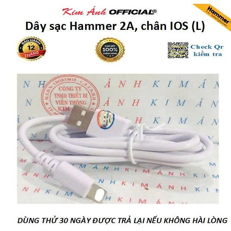 Dây sạc Ham mer chân cắm IOS (L ) dòng điện 2A, Kim Ánh bảo hành hàng chính hãng 12 tháng