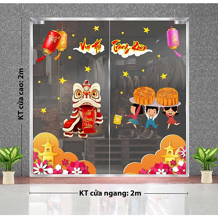 Decal trang trí trung thu 2021 lân và bé phá cổ