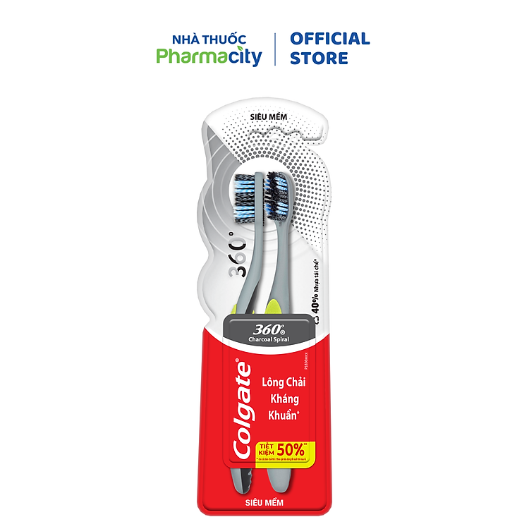 Bộ Đôi Bàn Chải Đánh Răng COLGATE 360 Charcoal Spiral Lông Chải Siêu Mềm Xoắn Kép Phủ Than