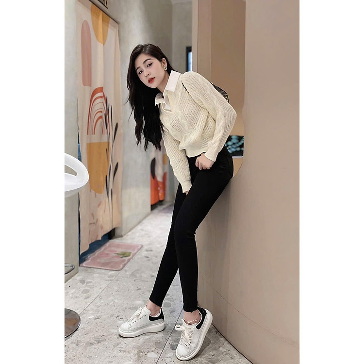 Áo Len Nữ Dệt Kim Phối Sơ Mi Cổ V Lệch Tầng Form Rộng Ulzzang Hàn Quốc